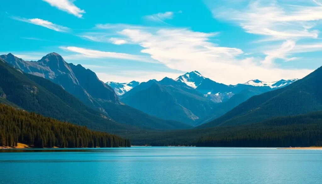 A sweeping panoramic view of the majestic Adirondack Mountains under a bright, azure sky. In the foreground, a pristine alpine lake reflects the surrounding peaks, their slopes blanketed in a dense, verdant forest. Rugged granite cliffs rise majestically in the middle ground, their jagged edges sculpted by eons of glacial erosion. In the distance, a range of snow-capped summits tower above, their peaks piercing the wispy, cloud-dotted heavens. Warm, golden sunlight filters through the scene, casting a serene, enchanting glow over the entire landscape. This is the untamed, awe-inspiring beauty of the Adirondack region.