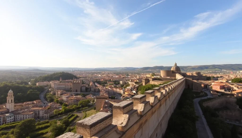 A sweeping vista of Girona's ancient city walls, bathed in the warm glow of a sun-dappled afternoon. In the foreground, the sturdy stone ramparts stretch out, inviting visitors to stroll along their timeless paths. Below, the charming medieval rooftops and winding streets of the historic center unfold, while in the distance, the lush green hills and azure skies frame the scene. The atmosphere is one of peaceful contemplation, where the past and present coexist in perfect harmony. Capture the essence of this enchanting Spanish city, where the legacy of its storied past can be experienced firsthand atop the majestic city walls.
