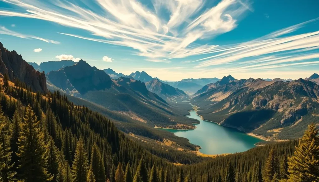 A sweeping vista of Kings Canyon National Park in California, captured on a bright, sunny day. In the foreground, lush evergreen forests and rugged granite cliffs rise up, casting dramatic shadows across the landscape. The middle ground features a tranquil alpine lake, its crystalline waters reflecting the majestic peaks that tower in the background. Wispy clouds drift overhead, illuminated by warm, golden sunlight that filters through the scene. The overall mood is one of serene beauty and awe-inspiring natural grandeur, inviting the viewer to imagine the thrill of exploring this pristine wilderness.