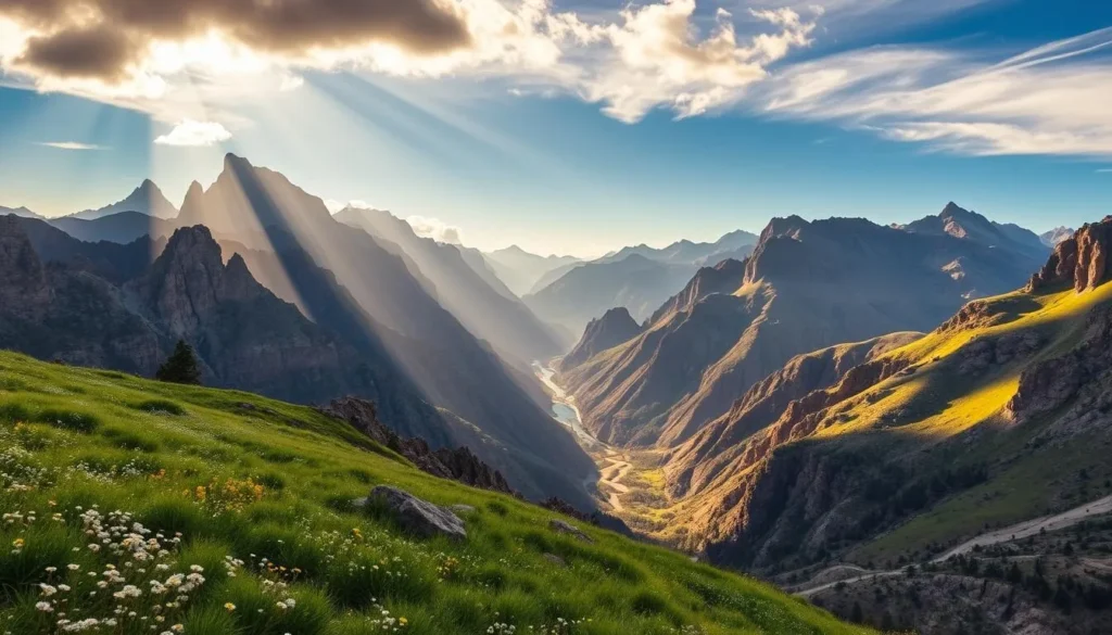 A sweeping vista of Kings Canyon National Park in the Sierra Nevada mountains. In the foreground, lush alpine meadows dotted with wildflowers sway gently in a soft breeze. Majestic granite peaks rise in the middle ground, their jagged silhouettes casting long shadows across the landscape. Rays of warm, golden light filter through wispy clouds, illuminating the rugged beauty of the canyon walls. In the distance, a crystal-clear river winds its way through the valley, its calming presence adding to the serene atmosphere. The scene evokes a sense of peaceful exploration, inviting the viewer to immerse themselves in the grandeur of this remarkable natural wonder.