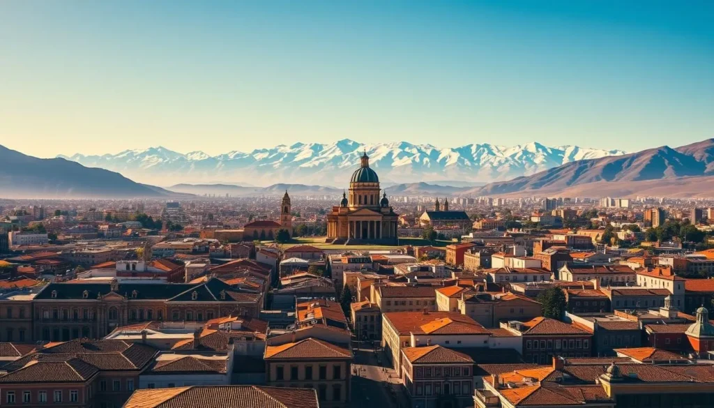 A sweeping vista of La Paz, the high-altitude capital of Bolivia, nestled amidst the towering Andes mountains. In the foreground, vibrant colonial buildings with terracotta roofs and colorful facades line the winding streets. In the middle ground, the iconic dome of the Basilica of San Francisco stands tall, surrounded by a bustling urban center. In the background, snow-capped peaks pierce the clear, azure sky, creating a dramatic and picturesque scene. Warm, diffused sunlight casts a golden glow over the entire landscape, evoking a sense of tranquility and wonder. Capture the unique charm and architectural diversity of this enchanting South American gem.