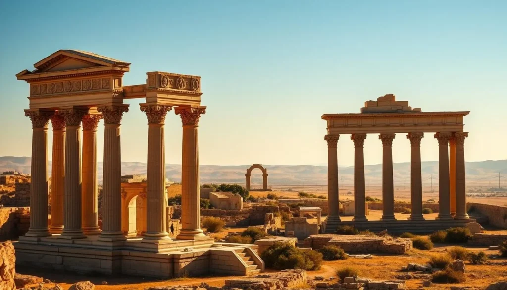 A sweeping vista of Libya's ancient wonders, bathed in warm golden light. In the foreground, the majestic ruins of Leptis Magna, its grand columns and ornate carvings standing tall against a clear blue sky. In the middle ground, the towering arches of the Arch of Septimius Severus command attention, while the rolling hills of the Saharan landscape stretch out behind, creating a sense of timeless tranquility. The scene is captured through a wide-angle lens, conveying the grandeur and scale of these historical treasures, inviting the viewer to step back in time and explore Libya's captivating past.