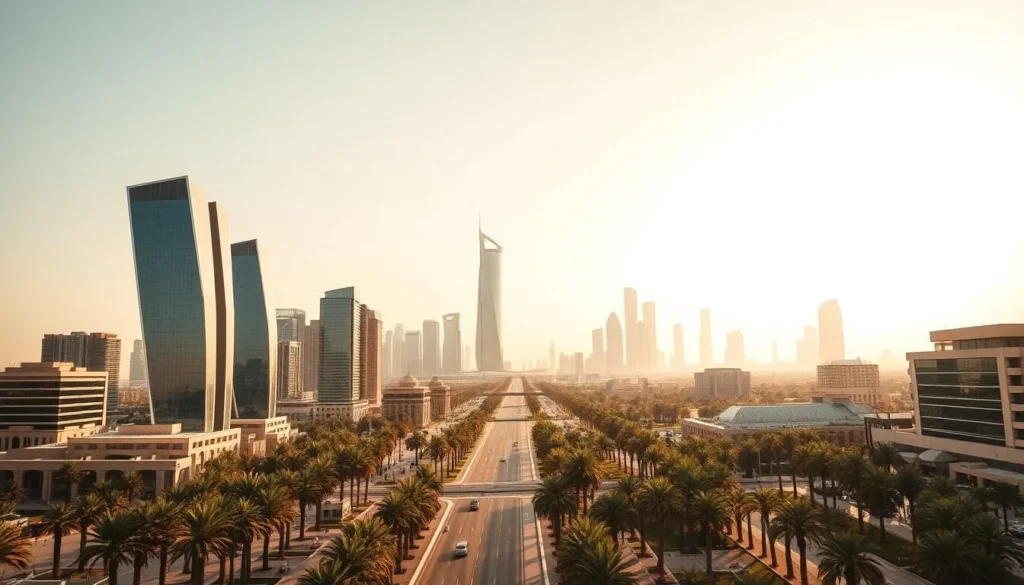 A sweeping vista of Riyadh's modern skyline, bathed in warm golden light. In the foreground, sleek high-rise towers with angular glass facades glimmer under a cloudless sky. The middle ground features a bustling urban landscape, with palm trees lining wide, well-manicured boulevards. In the distance, the iconic Kingdom Centre and other distinctive skyscrapers reach up towards the heavens, creating a striking silhouette against the horizon. The scene conveys a sense of dynamism and prosperity, showcasing Riyadh's transformation into a global metropolis. Captured with a wide-angle lens to emphasize the scale and grandeur of the city.