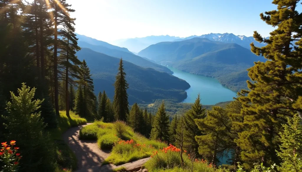 A sweeping vista of West Virginia's majestic Appalachian mountains, bathed in warm afternoon sunlight. In the foreground, a winding hiking trail leads through a lush, verdant forest, with towering trees and vibrant wildflowers lining the path. The middle ground reveals a tranquil, crystal-clear lake, its mirrored surface reflecting the surrounding peaks. In the distance, a range of rugged, snow-capped mountains rises proudly against a clear, azure sky, conveying a sense of adventure and untamed wilderness. The scene exudes a serene, peaceful atmosphere, inviting the viewer to immerse themselves in the natural beauty of this West Virginia National Park.