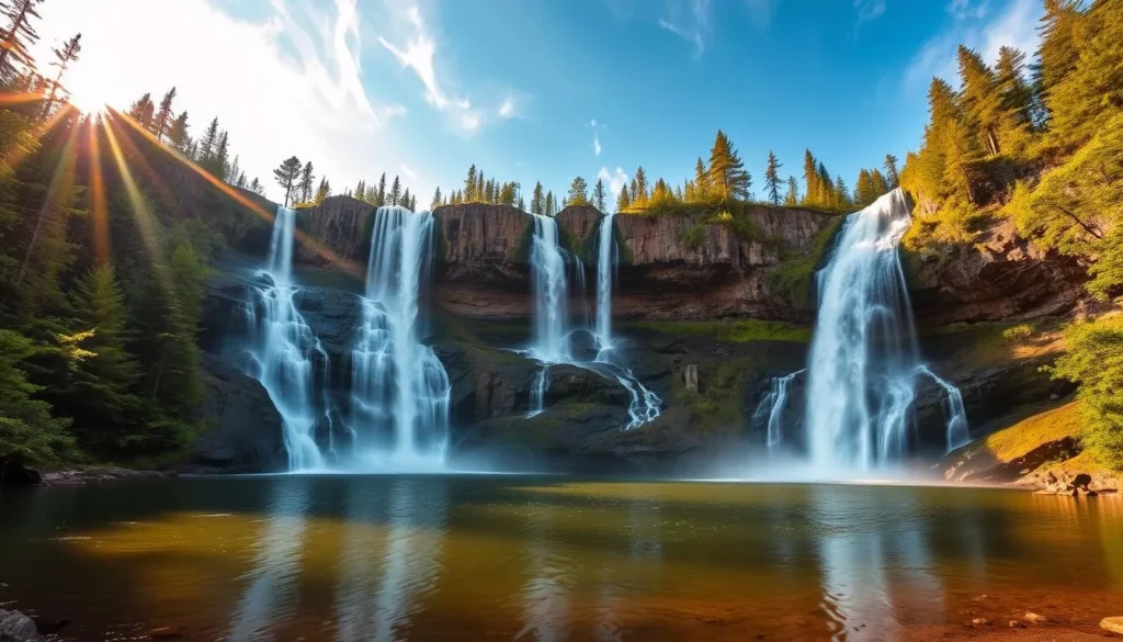 A sweeping vista of five majestic waterfalls cascading down a rugged, moss-covered cliffside in Gooseberry Falls State Park, Minnesota. The crystal-clear water tumbles over the rocky ledges, creating a mesmerizing display of power and grace. Lush, verdant forests frame the scene, bathed in warm, golden sunlight filtering through wispy clouds. In the foreground, a tranquil pool reflects the towering falls, creating a mirror-like surface. The overall atmosphere exudes a sense of serene, untamed beauty, perfectly capturing the "Magnificent Five Waterfalls" of this stunning natural wonder.