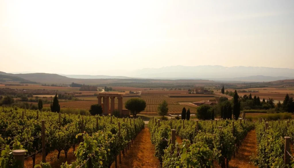 A sweeping vista of the Beqaa Valley, Lebanon's fertile agricultural heartland, unfolds under a warm, golden sky. In the foreground, rows of grapevines and olive trees sway gently in the breeze, hinting at the valley's long history of viticulture and cultivation. The middle ground is dotted with the weathered stone ruins of ancient Roman and Byzantine structures, a testament to the region's strategic importance throughout the centuries. In the distance, the snowcapped peaks of the Anti-Lebanon mountains rise majestically, framing the scene with a sense of timeless grandeur. The overall mood is one of peaceful contemplation, inviting the viewer to imagine the echoes of past civilizations that have graced this remarkable landscape.