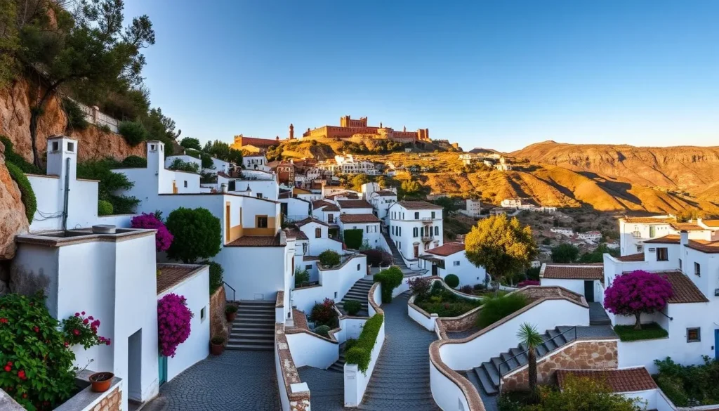 A sweeping vista of the Sacromonte District in Granada, Spain, captured under a warm, golden light. In the foreground, the characteristic whitewashed cave dwellings cling to the hillside, their flat roofs and chimneys casting long shadows. Mid-frame, winding cobblestone paths and staircases lead the eye upwards, flanked by vibrant bougainvillea and lush greenery. In the background, the iconic Alhambra palace complex sits atop the hill, its reddish-brown walls and towers silhouetted against a clear, azure sky. The scene exudes a sense of history, tranquility, and the unique, harmonious blend of Moorish and Spanish influences that define this captivating neighborhood.