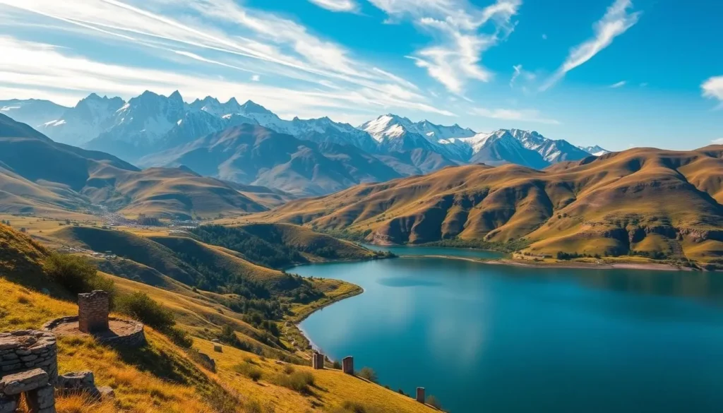 A sweeping vista of the majestic Armenian highlands, bathed in the warm glow of a late afternoon sun. In the foreground, rolling hills dotted with ancient stone ruins and lush, verdant vegetation. The middle ground reveals a tranquil lake, its glassy surface reflecting the jagged peaks of the snow-capped Caucasus mountains that rise majestically in the background. Wispy clouds drift lazily across a brilliant azure sky, casting delicate shadows over the picturesque landscape. A serene, timeless scene that captures the timeless beauty and rich history of this captivating corner of the world.