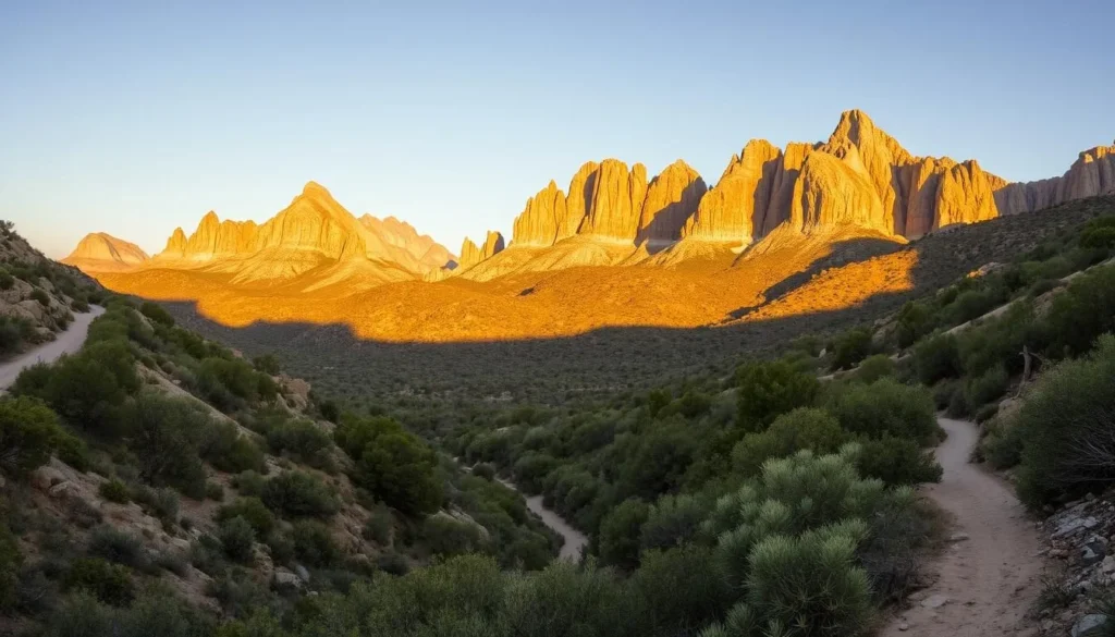 A sweeping vista of the majestic Guadalupe Mountains in West Texas, their rugged limestone peaks bathed in warm, golden light. In the foreground, a winding trail leads through a lush, verdant canyon, dotted with hardy desert flora. Farther back, the mountains rise up in dramatic fashion, their craggy silhouettes standing in stark contrast against a cloudless azure sky. The scene exudes a sense of tranquility and timeless grandeur, inviting the viewer to discover the hidden gems of this remarkable national park.