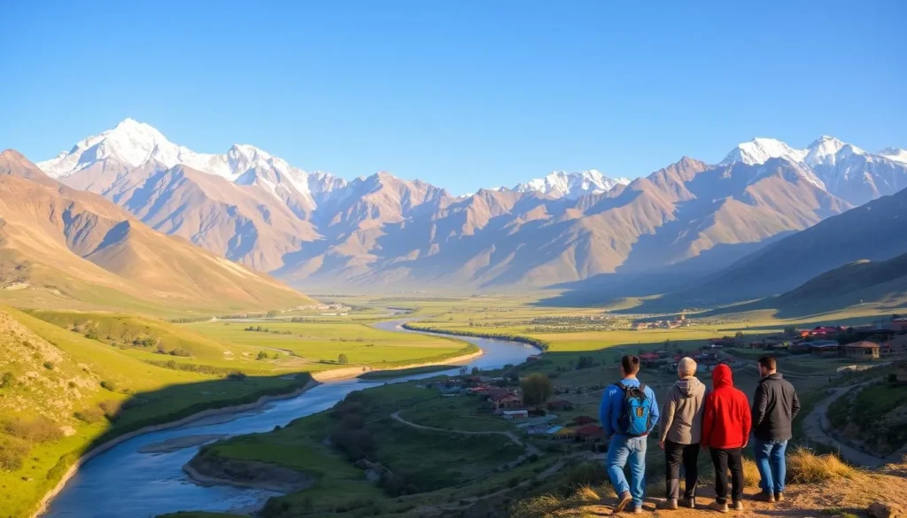 A sweeping vista of the rugged Pamir Mountains, their snow-capped peaks piercing the clear blue sky. In the foreground, a winding river carves its way through the lush, verdant valleys, dotted with traditional Tajik villages. The warm, golden light casts a serene glow over the scene, highlighting the vibrant colors of the local architecture and the intricate patterns of the hand-woven textiles. A group of travelers, awestruck by the breathtaking landscape, pause to take in the tranquil, timeless beauty of this hidden gem of Central Asia.