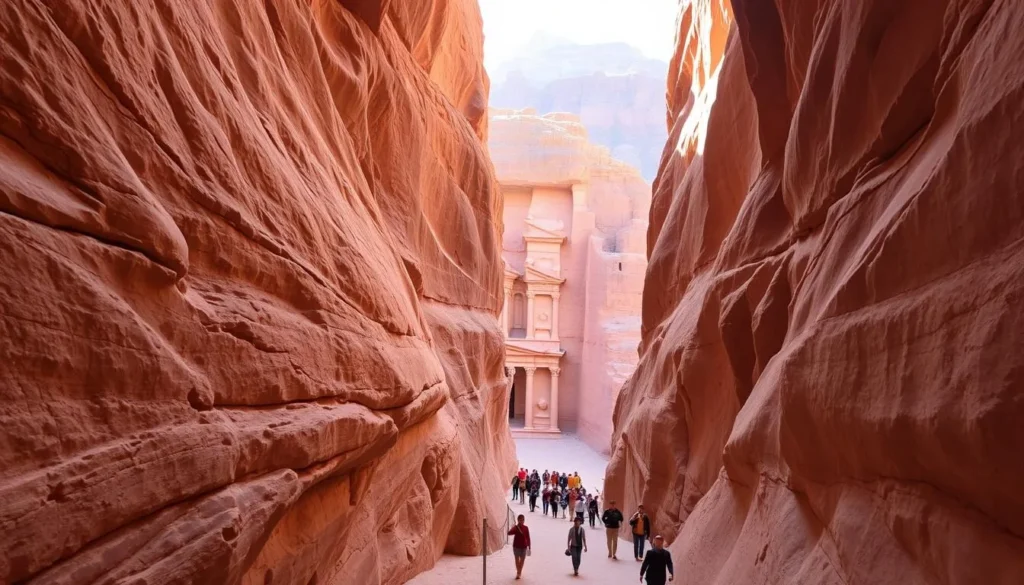 A towering, sandstone canyon known as the Siq, the dramatic entrance to the ancient city of Petra, Jordan. Sunlight filters through the narrow, winding gorge, casting warm, golden hues across the weathered rock walls. In the foreground, a small group of tourists wander the meandering path, awestruck by the sheer scale and timeless beauty of this natural wonder. The middle ground reveals the iconic, rose-colored Treasury building, partially visible through the curving canyon. In the distance, the rugged, mountainous landscape of Petra's surroundings creates a breathtaking backdrop, completing the scene.