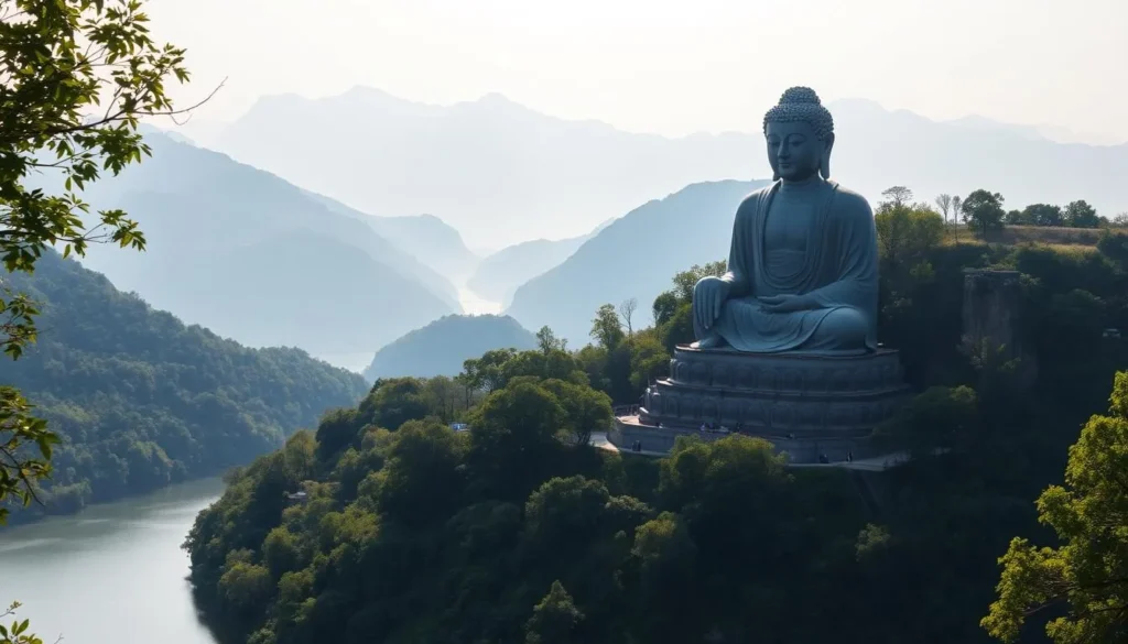 A towering statue of the Leshan Giant Buddha, sitting peacefully atop a lush, green hillside. The massive stone figure, carved into the side of a cliff, gazes serenely over the tranquil Minjiang River below. Sunlight filters through the surrounding trees, casting a warm, golden glow on the Buddha's serene expression. In the distance, the hazy blue mountains rise, creating a picturesque backdrop. The scene conveys a sense of timeless, spiritual wonder, inviting visitors to bask in the peaceful atmosphere of this iconic Chinese landmark.