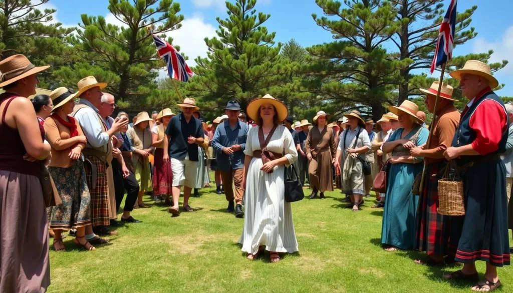 A traditional Bounty Day celebration on Norfolk Island with locals in period costume reenacting the arrival of the Pitcairn Islanders, with traditional food and festivities A traditional Bounty Day celebration on Norfolk Island with locals in period costume reenacting the arrival of the Pitcairn Islanders, with traditional food and festivities