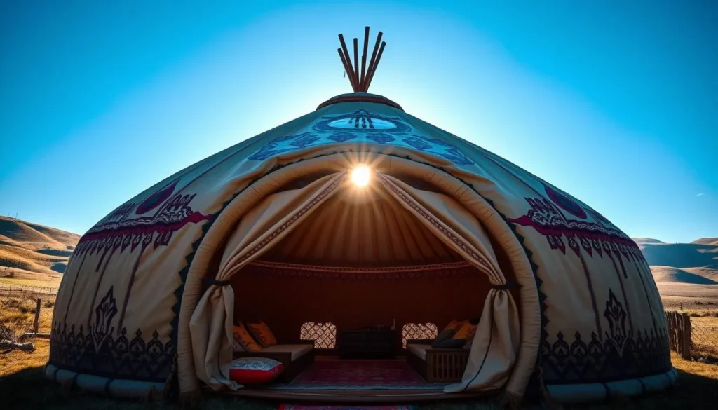 A traditional Kazakh yurt stands proudly against a backdrop of rolling hills and a clear blue sky. The round, wooden frame is covered in a thick, felt-like material, creating a cozy and inviting shelter. The entrance is adorned with intricate patterns and ornaments, reflecting the rich cultural heritage of the region. Sunlight filters through the open flaps, casting a warm, natural glow throughout the interior, which is furnished with plush, colorful cushions and rugs. The scene exudes a sense of tranquility and connection to the land, capturing the essence of Kazakhstan's vibrant cultural experiences.