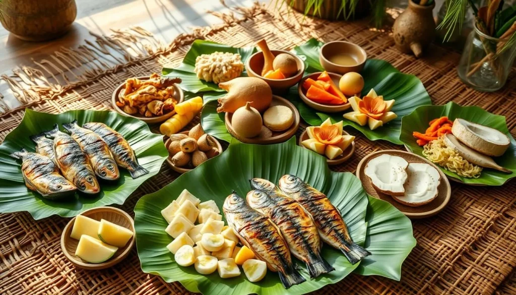 A traditional Tokelauan meal featuring fresh seafood and local ingredients