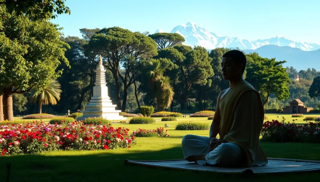 A tranquil Buddhist meditation session in Lumbini, Nepal. In the foreground, a serene figure sitting cross-legged on a bamboo mat, palms resting peacefully on their lap, eyes closed in deep contemplation. Surrounding them, a lush, verdant garden with vibrant flowers and towering bodhi trees, casting dappled sunlight over the scene. In the middle ground, a simple stone stupa stands tall, its white facade glowing in the warm afternoon light. In the distance, the majestic Himalayas rise, their snow-capped peaks piercing the clear azure sky. The atmosphere is one of profound stillness and spiritual serenity, inviting the viewer to pause and find their own inner peace.