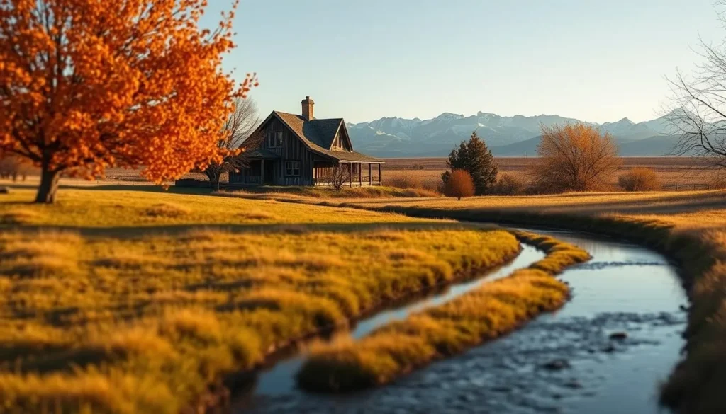 A tranquil Fresno winter landscape, bathed in soft, golden afternoon light. In the foreground, a small creek winds its way through a gently rolling meadow, its banks lined with leafy trees dressed in hues of ochre and crimson. In the middle ground, a quaint, historic farmhouse stands tall, its weathered wooden siding and pitched roof contrasting against the clear, azure sky. In the distance, the majestic Sierra Nevada mountains rise up, their snow-capped peaks glowing under the warm, late-day sun. The scene exudes a sense of peaceful serenity, inviting the viewer to pause and take in the serene beauty of a Fresno winter.