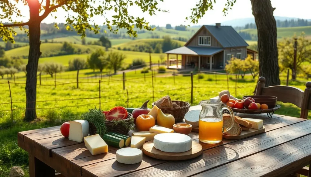 A tranquil Skagit Valley farm, lush with verdant fields and orchards. In the foreground, a rustic wooden table is set with a bountiful spread of locally-sourced ingredients - fresh produce, artisanal cheeses, crusty bread, and a pitcher of crisp cider. Sunlight filters through the trees, casting a warm glow over the scene. In the background, a charming farmhouse stands amid rolling hills, its weathered siding and pitched roof evoking a sense of timeless pastoral beauty. An inviting atmosphere of simple, seasonal delights, capturing the essence of farm-to-table dining in this picturesque corner of Washington.