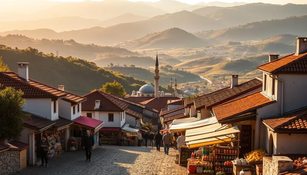 A tranquil Turkish village nestled among rolling hills, with traditional whitewashed houses and red-tiled roofs. In the foreground, a cobblestone street leads past a bustling outdoor market, where locals and visitors browse vibrant stalls of handcrafted wares, fresh produce, and fragrant spices. In the middle ground, a historic mosque with a slender minaret stands as a testament to the country's rich cultural heritage. The background is framed by a panoramic vista of lush, verdant landscapes, with distant mountains casting long shadows across the scene. The warm, golden light of the sun bathes the entire composition, creating a sense of timeless charm and enchantment.