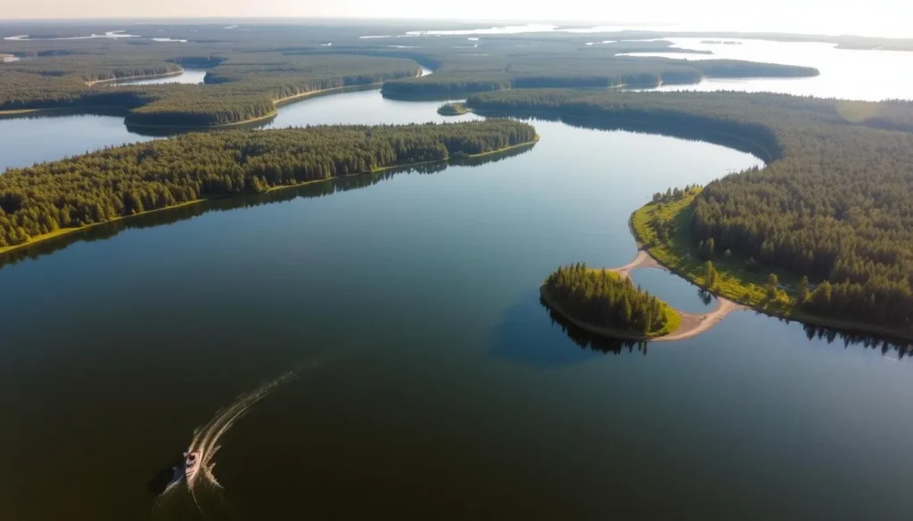 A tranquil aerial view of Big Sandy Lake's meandering waterways, surrounded by lush verdant forests. Sunlight gently dances on the still, mirrored surface, casting warm reflections. In the foreground, a small boat drifts lazily, its wake rippling outwards. The middle ground reveals a picturesque river snaking through the landscape, lined with towering pine trees. The background showcases the vast expanse of the lake, its edges fading into the hazy horizon. A serene, picturesque scene capturing the natural beauty of Minnesota's Big Sandy Lake.