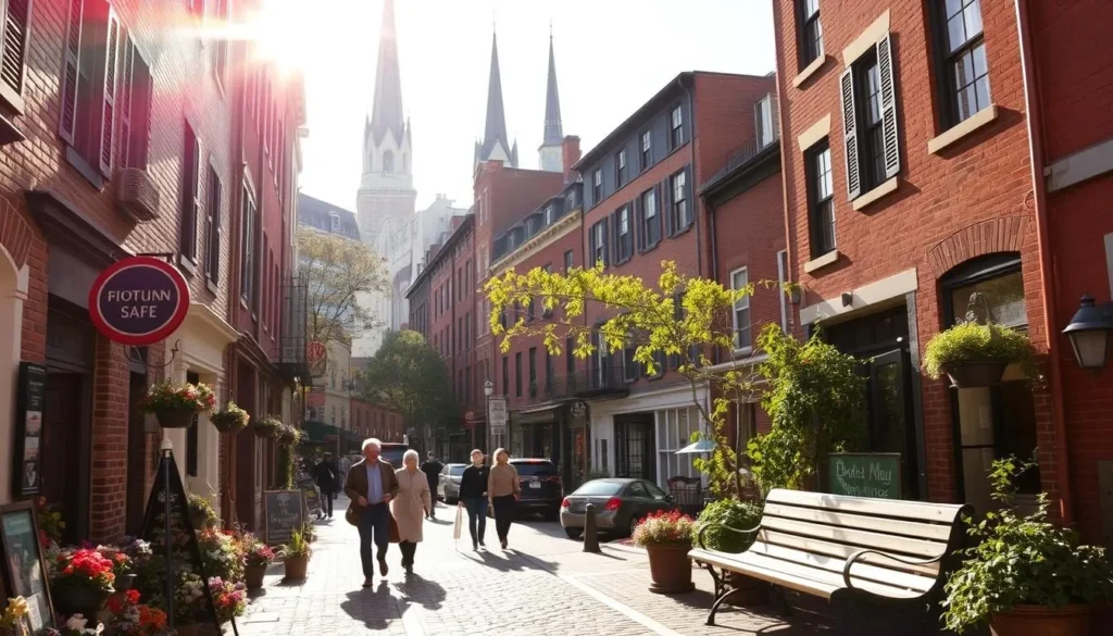 A tranquil alleyway in historic Back Bay, Boston, bathed in soft, warm sunlight. Cobblestone streets lined with charming brick townhouses, hidden cafes, and independent boutiques. In the foreground, a quaint flower shop with a vibrant display of blooms. Residents and locals stroll leisurely, providing a glimpse into the city's vibrant yet relaxed pace. The middle ground reveals a picturesque park bench, inviting passersby to pause and soak in the local ambiance. In the distance, the steeple of an old church stands tall, a testament to Boston's rich architectural heritage. An atmosphere of serenity and discovery, capturing the essence of the city's hidden gems.