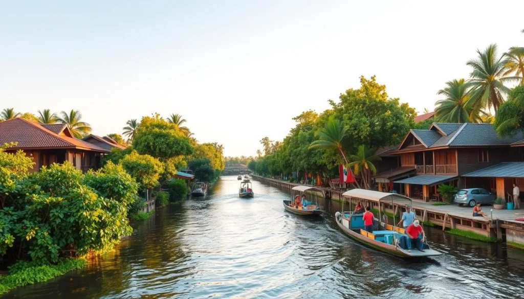 A tranquil and picturesque scene along the Samut Prakan river in Thailand. Capture the serene flow of the water, flanked by lush green foliage and traditional wooden houses lining the riverbanks. Showcase the vibrant colors of the day, with warm sunlight casting a soft glow over the scene. Depict the local boats and ferries gently gliding across the river, providing a glimpse into the daily life and activities of the riverside community. Convey a sense of peacefulness and natural beauty that embodies the hidden charm of Samut Prakan, Thailand's enchanting riverside destination.
