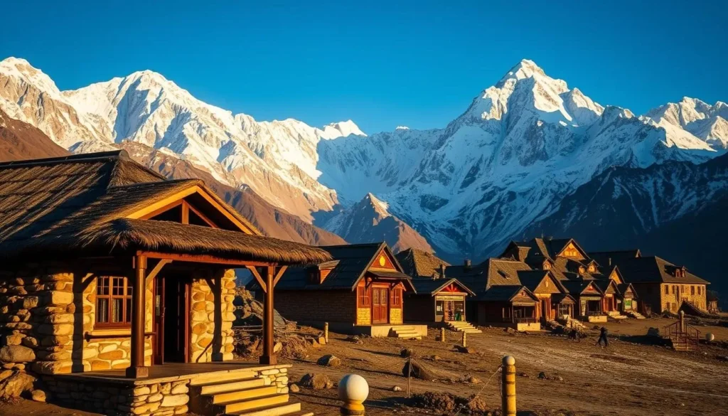 A tranquil and picturesque scene of Everest Base Camp's traditional teahouses nestled amidst the majestic Himalayan peaks. The foreground features a cozy stone-and-timber structure with a welcoming porch, its thatched roof catching the warm glow of the afternoon sun. In the middle ground, a row of similar teahouses dot the landscape, their earth-toned hues blending seamlessly with the rugged terrain. The background is dominated by the towering, snow-capped peaks of the Everest massif, their jagged silhouettes casting long shadows across the scene. The overall atmosphere is one of tranquility and adventure, inviting the viewer to imagine the stories and experiences that unfold within these humble yet charming mountain lodges.