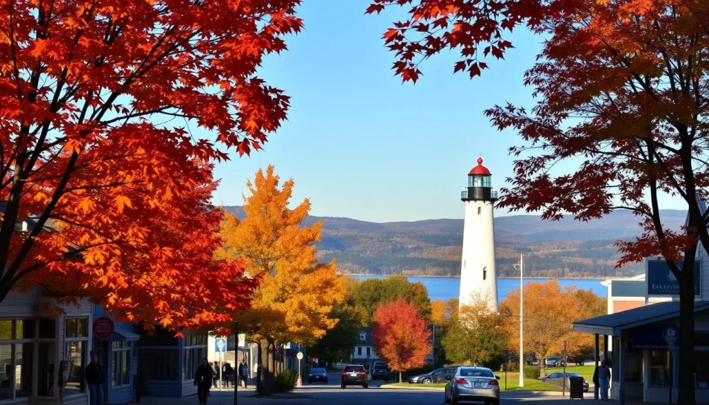 A tranquil autumn scene in Saugerties, New York, showcasing the town's seasonal attractions. In the foreground, vibrant orange and red foliage from maple trees frame a quaint village street, with pedestrians strolling past charming storefronts. In the middle ground, the iconic Saugerties Lighthouse stands tall, its white facade reflecting in the calm waters of the Hudson River. In the background, rolling hills and a clear blue sky create a serene and picturesque landscape. The warm, golden lighting casts a cozy glow, capturing the essence of Saugerties during its most beautiful time of year.
