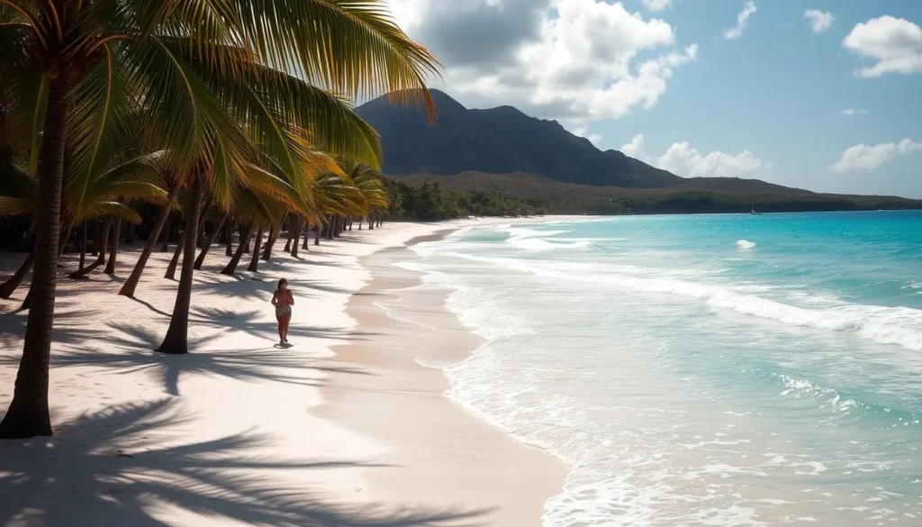 A tranquil beach on Vieques Island, Puerto Rico, with turquoise waters lapping against pristine white sand. Swaying palm trees line the shore, creating a picturesque tropical scene. Sunlight dances across the waves, casting a warm, golden glow over the idyllic landscape. In the distance, rugged hills and lush vegetation form a serene backdrop. A lone beachgoer strolls along the water's edge, immersed in the peaceful, unspoiled beauty of this Caribbean paradise.
