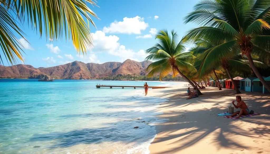 A tranquil beach scene in Grand Anse, Grenada, with crystal-clear turquoise waters lapping at the soft, golden sand. Lush, verdant palm trees sway gently in the warm breeze, casting dappled shadows across the idyllic setting. In the foreground, a few beachgoers leisurely stroll or recline on colorful towels, enjoying the picturesque landscape. The middle ground features a row of charming, pastel-colored beach cabanas and a wooden pier leading out into the serene bay. In the distance, the rolling hills of the island's interior provide a stunning backdrop, bathed in the warm glow of the afternoon sun. The overall mood is one of tranquility, relaxation, and the pure essence of a tropical paradise.