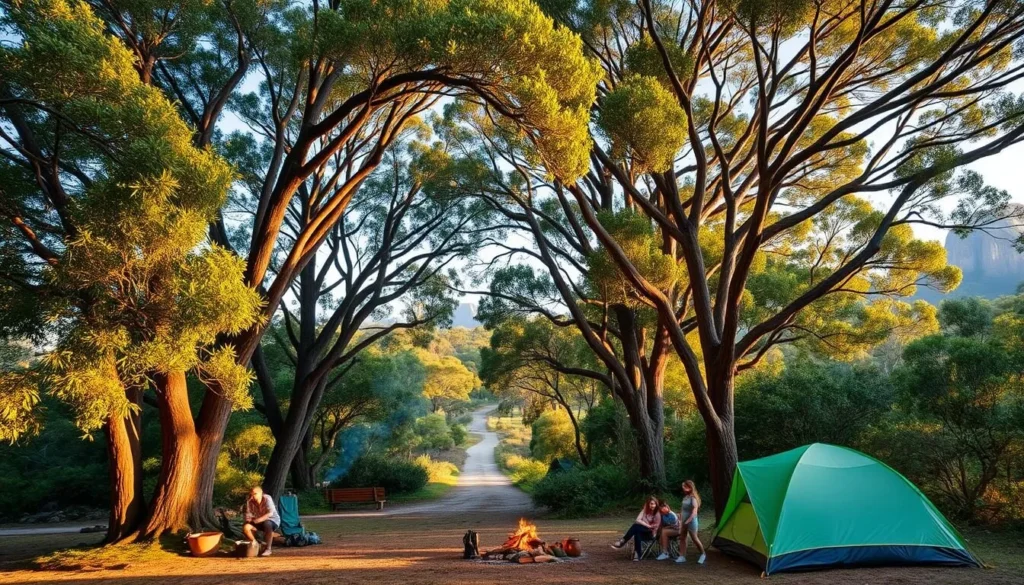 A tranquil campsite nestled amidst the lush, verdant foliage of Wilsons Promontory National Park. Towering eucalyptus trees provide dappled shade, their branches swaying gently in the soft breeze. In the foreground, a well-equipped campsite with a cozy tent, a crackling campfire, and a group of friends enjoying the serene outdoors. The middle ground features a meandering trail leading deeper into the park, while the background showcases the park's iconic granite peaks bathed in warm, golden sunlight. The scene exudes a sense of tranquility and connection with nature, perfectly capturing the essence of camping in this stunning Australian wilderness.