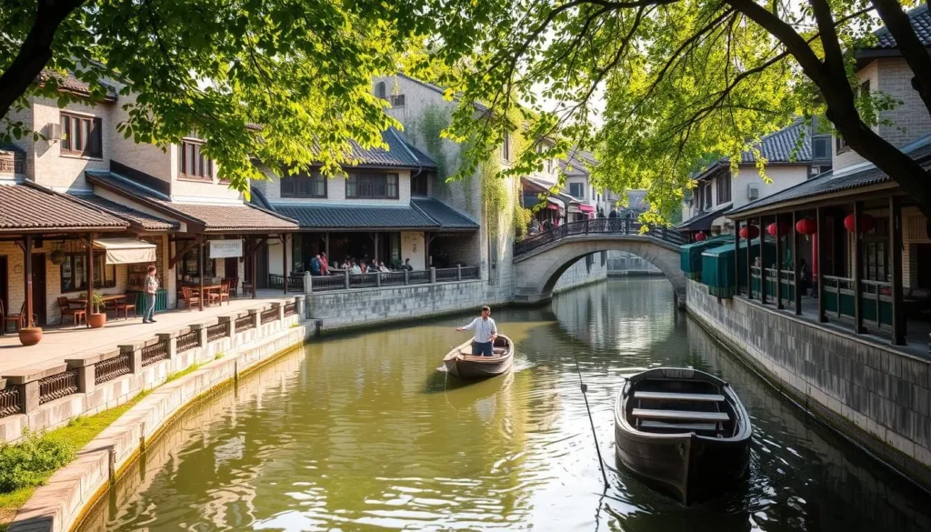 A tranquil canal winding through the ancient water town of Zhujiajiao, flanked by traditional wooden bridges and centuries-old stone buildings. Quaint shops and cafes line the picturesque banks, their colorful facades reflected in the still waters. A lone fisherman casts his line, while a traditional wooden boat glides silently by. Dappled sunlight filters through the lush, overhanging foliage, casting a warm, nostalgic glow over the serene scene. Capture the hidden charm and timeless allure of this lesser-known gem, a tranquil oasis that transports visitors to a bygone era.