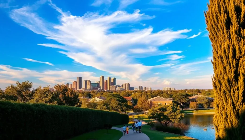 A tranquil city skyline rises against a vibrant blue sky, with the iconic Las Colinas towers casting long shadows across the tree-lined streets below. In the foreground, a family leisurely strolls along a winding path, taking in the sights and sounds of this picturesque suburban oasis. The warm, golden light filters through the lush foliage, creating a serene and inviting atmosphere perfect for a relaxing weekend getaway. Tall, manicured hedges frame the scene, guiding the eye towards a serene lake where ducks glide peacefully across the calm waters. This idyllic snapshot captures the essence of Irving, Texas - a welcoming and vibrant community that offers the perfect blend of urban charm and natural beauty.