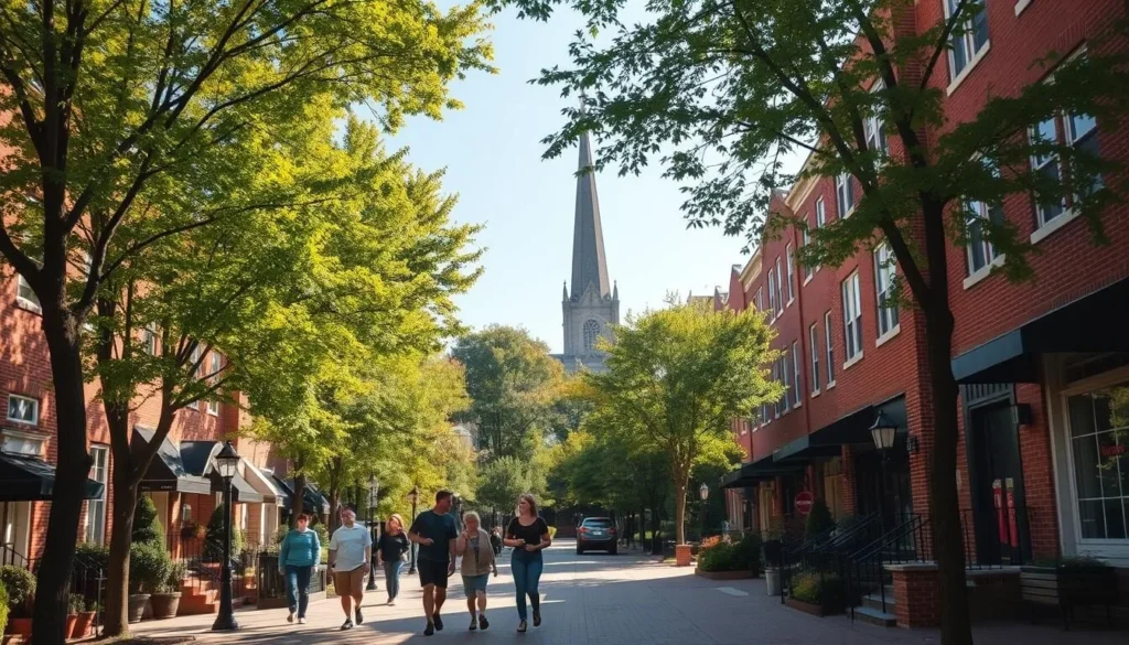 A tranquil city street in Rockville, Maryland, bathed in warm afternoon sunlight. Quaint brick townhouses line the sidewalk, their facades adorned with charming architectural details. A lush, verdant tree canopy casts dappled shadows on the pavement, creating a picturesque scene. In the foreground, a group of locals leisurely stroll along, immersed in conversation, capturing the relaxed pace of Rockville's lifestyle. In the distance, the steeple of a historic church rises, a testament to the town's rich heritage. The overall atmosphere evokes a sense of community, history, and a uniquely welcoming Rockville experience.