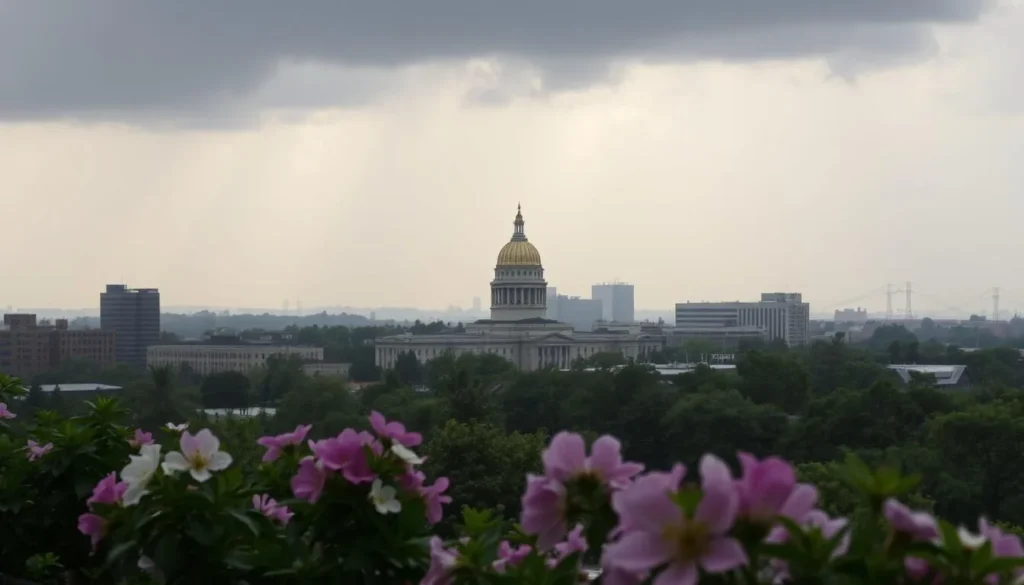 A tranquil cityscape of Lansing, Michigan on a pleasant spring day. In the foreground, lush greenery and blooming flowers capture the humid, rainy atmosphere. The middle ground features the Capitol Building, its grand architecture basking in soft, diffused lighting. In the background, a hazy skyline is punctuated by dark rain clouds, hinting at the impending shower. The scene conveys a sense of calmness and a welcoming respite from the elements, showcasing the city's weather-friendly charm.