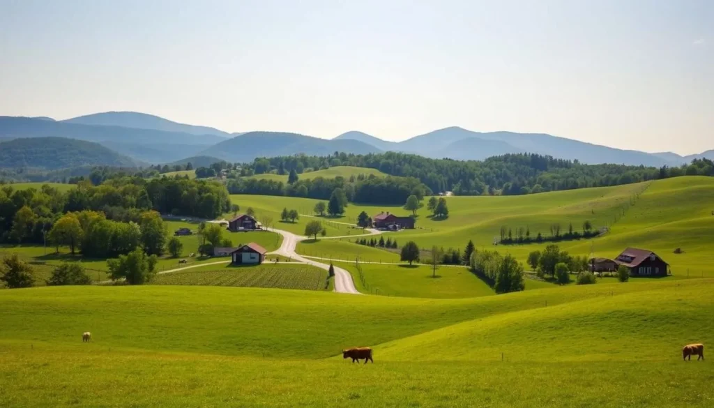 A tranquil countryside scene on a warm, sun-dappled day, showcasing the picturesque day trip options from the charming town of French Lick, Indiana. In the foreground, rolling hills dotted with lush green meadows and grazing livestock. In the middle ground, a winding country road leading past quaint farmhouses and orchards. In the distance, the majestic silhouettes of forested hills and mountains, their peaks basking in golden light. The overall mood is one of serene, pastoral beauty, inviting the viewer to explore the natural wonders and small-town charms that surround the historic French Lick resort.