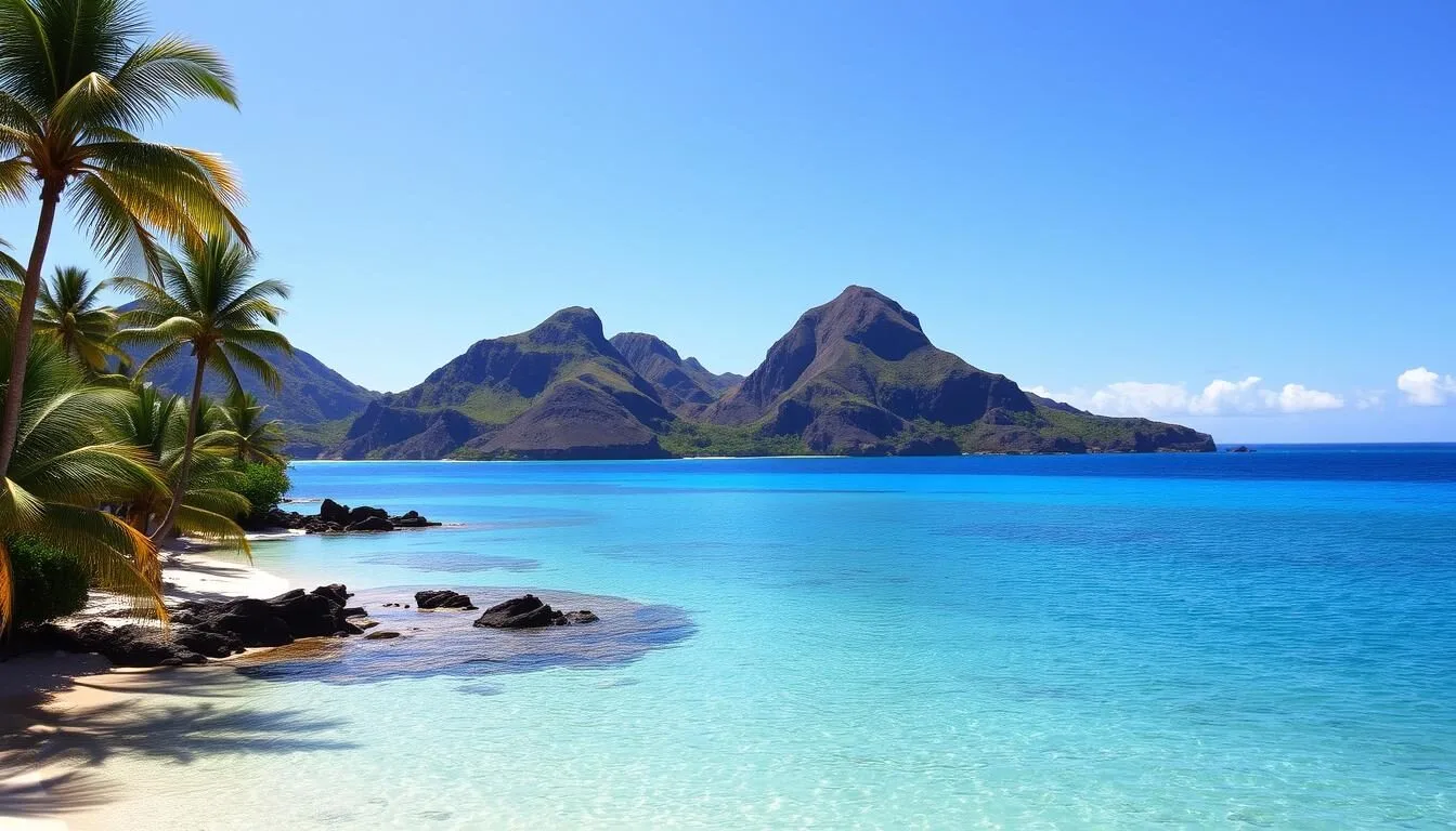 A tranquil cove nestled along the picturesque coastline of Montserrat, Rendezvous Bay showcases a breathtaking panorama. In the foreground, crystal-clear turquoise waters gently lap against a pristine sandy beach, framed by verdant palm trees swaying in the soft breeze. The middle ground features rugged volcanic cliffs rising majestically, their rocky slopes shrouded in lush tropical foliage. In the distance, the azure Caribbean sky meets the horizon, creating a serene and harmonious landscape. Warm sunlight bathes the scene, casting a golden glow and highlighting the natural beauty of this idyllic Caribbean destination.