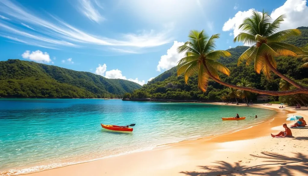 A tranquil cove nestled on the southern tip of St. Kitts, Cockleshell Bay reflects the island's natural beauty. Crystalline turquoise waters lap against a crescent-shaped golden sand beach, framed by verdant hills and lush palm trees swaying gently in the Caribbean breeze. Sunlight filters through wispy clouds, casting a warm, golden glow over the serene scene. Kayaks and sailboats dot the calm bay, while beachgoers relax on the shore, soaking in the paradise-like atmosphere. Capture the essence of this idyllic tropical haven, where time seems to slow down and the stresses of the world melt away.