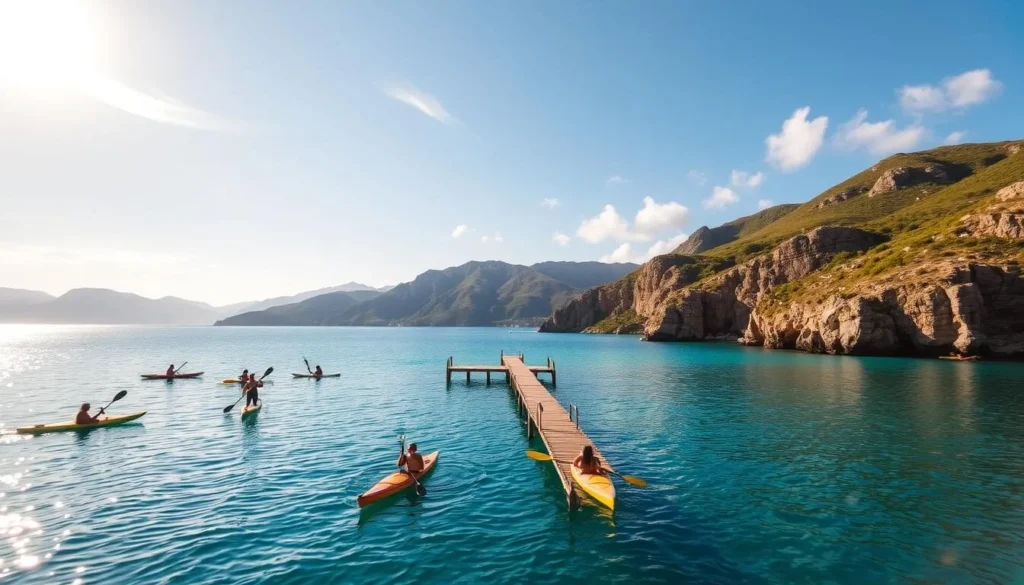 A tranquil cove on the coast of Crete, Greece, where turquoise waters meet rugged cliffs. In the foreground, a group of people kayaking and stand-up paddleboarding, their silhouettes reflected in the calm surface. Mid-frame, a picturesque wooden dock stretches into the sea, inviting visitors to dive in. In the background, lush green hills and mountains rise up, framing the scene in a natural embrace. Warm, golden sunlight filters through wispy clouds, casting a soft, serene glow over the entire landscape. Capture the essence of outdoor adventure and the beauty of Crete's coast.