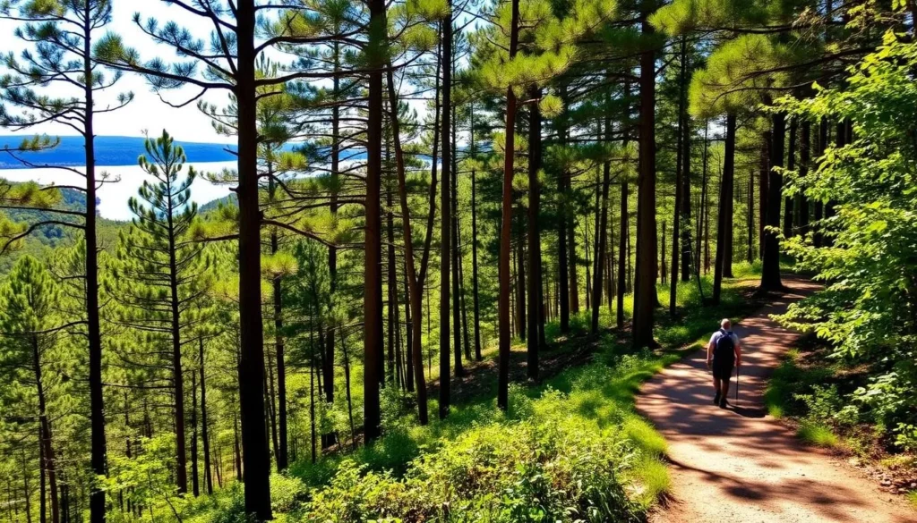 A tranquil forest trail winds through the lush, verdant landscape of Lake Ouachita State Park. Sunlight filters through the canopy of towering pines, casting a warm, golden glow on the winding path. In the distance, a shimmering lake comes into view, its crystal-clear waters reflecting the surrounding natural beauty. Hikers meander along the well-maintained trail, taking in the serene atmosphere and the breathtaking vistas. The path leads through a tapestry of vibrant foliage, with occasional glimpses of wildlife darting through the undergrowth. Capture the essence of this picturesque hiking destination, where nature's tranquility and outdoor adventure converge.