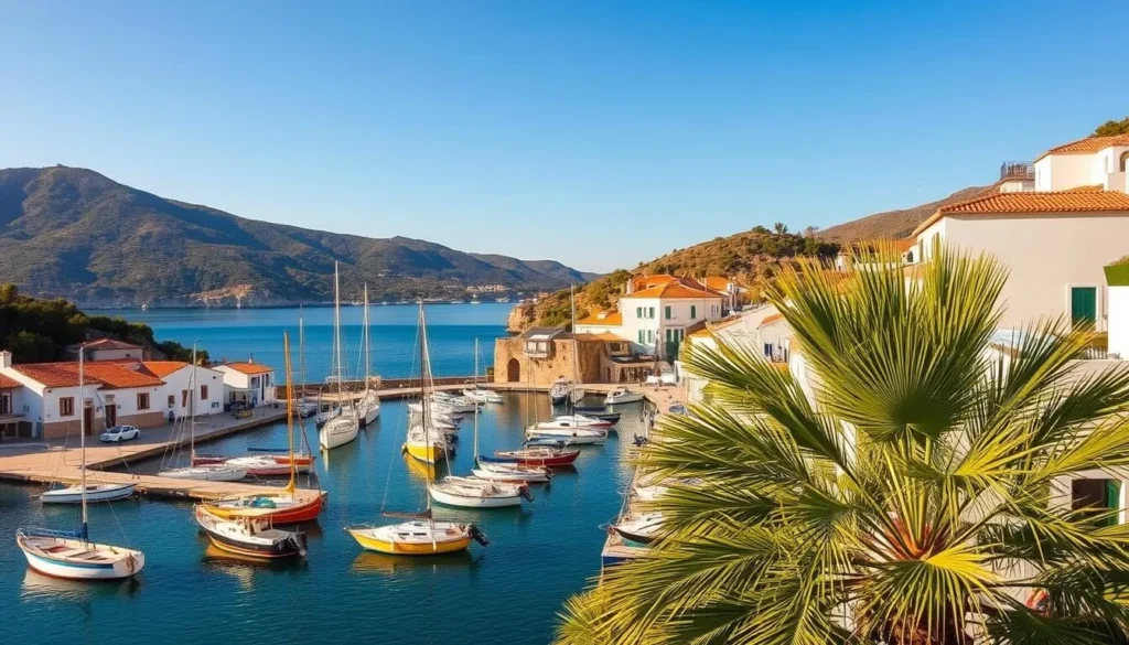 A tranquil harbor nestled in the picturesque coastal town of Cala Figuera, Mallorca. Vibrant fishing boats sway gently on the crystalline waters, their colorful hulls reflecting the warm, golden sunlight. Whitewashed buildings line the quaint, winding streets, their terracotta roofs casting playful shadows. In the foreground, a cluster of palm trees sway, adding a touch of Mediterranean charm. In the background, the rolling hills and lush, verdant landscape provide a serene backdrop, creating a scene of unspoiled natural beauty. The overall atmosphere is one of relaxation and timeless, coastal tranquility.