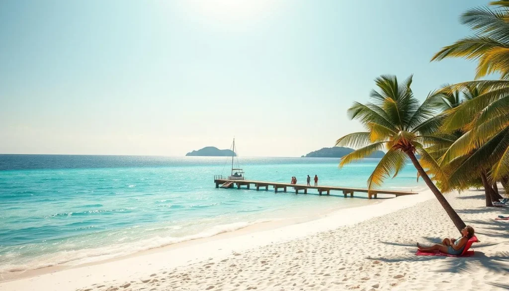 A tranquil island beach on a sun-drenched day, crystal-clear turquoise waters lap gently against pristine white sand. Palm trees sway in a gentle breeze, casting dappled shadows across the serene scene. In the foreground, a few beachgoers lounge on colorful towels, soaking up the warmth. The middle ground reveals a picturesque pier jutting out into the calm, sparkling ocean. In the distance, the horizon is dotted with lush, verdant islands, creating a picturesque island paradise. The image is bathed in a soft, golden light, evoking a sense of relaxation and tranquility.