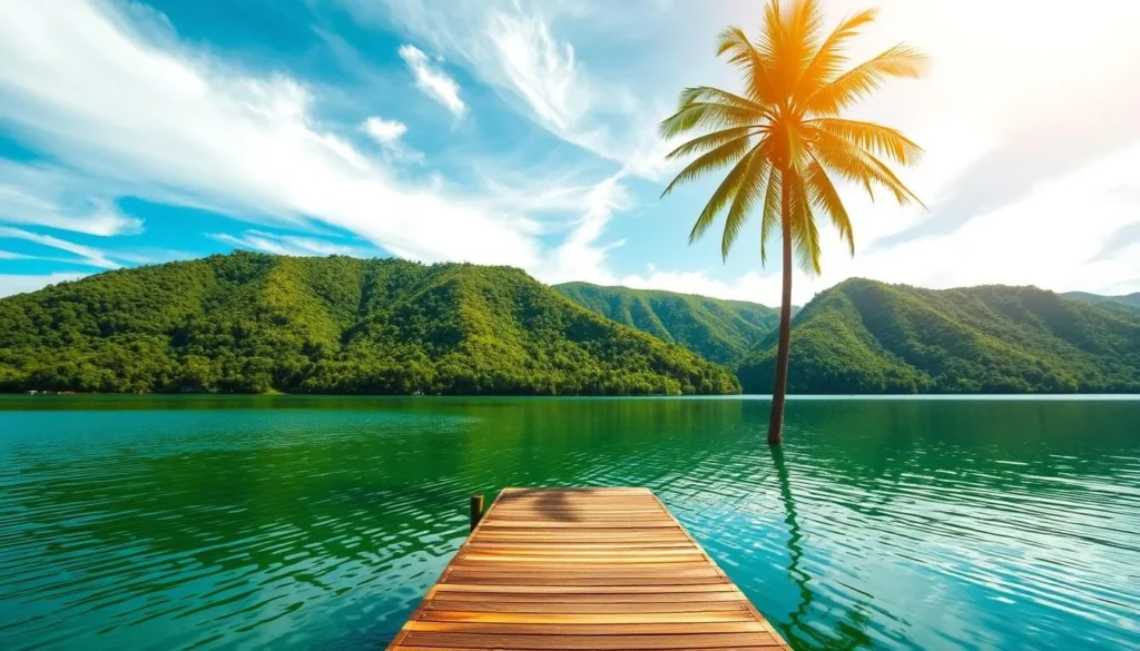 A tranquil lakefront scene at Lake Coatepeque, El Salvador. Emerald waters reflect the lush, verdant hills surrounding the caldera lake. Sunlight filters through wispy clouds, casting a warm, golden glow over the serene landscape. In the foreground, a wooden dock extends into the still waters, inviting visitors to take in the picturesque natural beauty. Towering palm trees sway gently in the soft breeze, completing the idyllic, tropical ambiance. This picturesque setting captures the essence of El Salvador's best natural wonders, perfect for nature lovers to explore and appreciate.