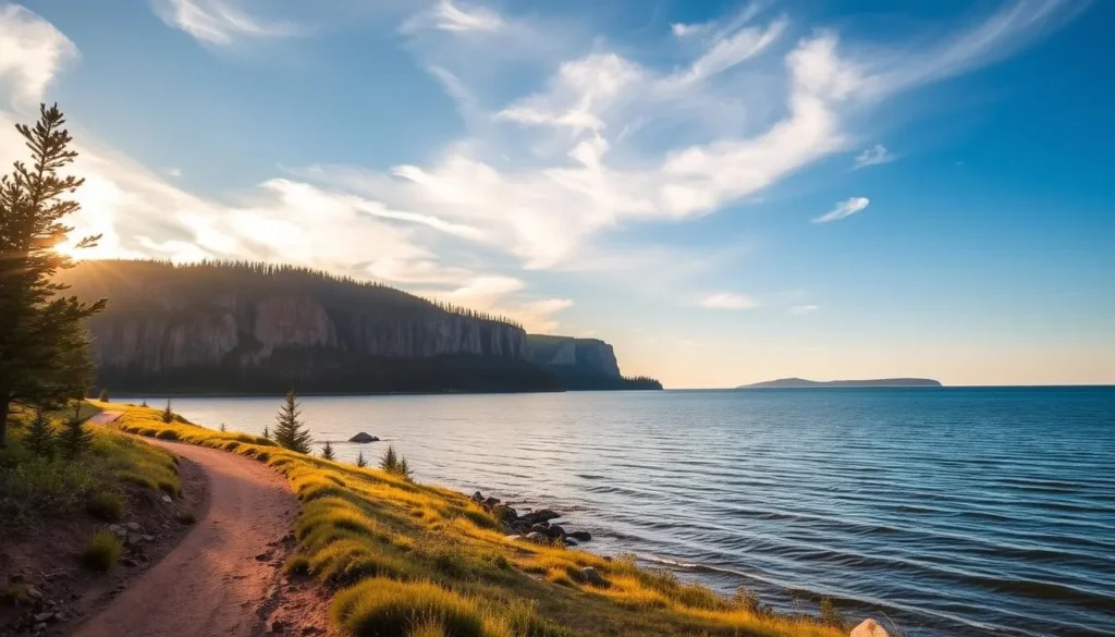 A tranquil lakeside landscape at Gooseberry Falls State Park, Minnesota. The expansive, pristine waters of Lake Superior stretch out towards the horizon, with the rugged, wooded cliffs of the park's iconic waterfalls rising majestically in the background. Warm, golden sunlight filters through wispy clouds, casting a soft, serene glow over the scene. In the foreground, a well-trodden hiking trail winds its way along the lakeshore, inviting visitors to immerse themselves in the park's natural splendor. The overall atmosphere is one of peaceful solitude, capturing the essence of the best hiking trails at Gooseberry Falls.