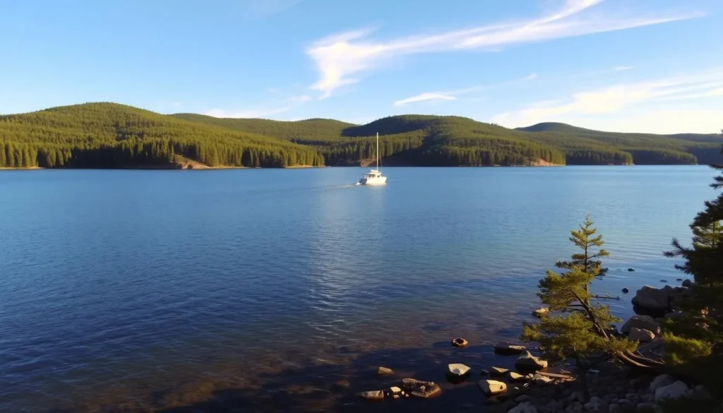 A tranquil lakeside landscape bathed in golden afternoon light. In the foreground, a pristine stretch of Leech Lake's shoreline, its clear waters reflecting the surrounding pine trees and rocky outcroppings. In the middle ground, a small boat drifts lazily, its occupants taking in the serene beauty of the scene. The background features rolling hills covered in dense, verdant forest, with a few wispy clouds drifting across a brilliant blue sky. The overall mood is one of peaceful contemplation, inviting the viewer to immerse themselves in the natural splendor of this Minnesota gem.