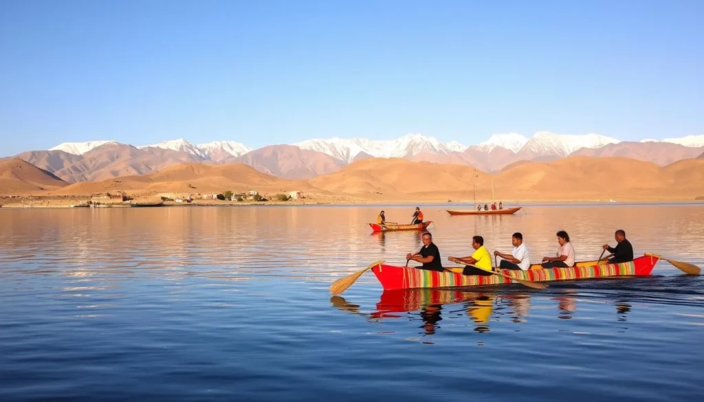 A tranquil lakeside scene at Lake Titicaca, Bolivia. In the foreground, a group of locals engage in traditional water sports, paddling colorful reed boats across the calm, mirror-like surface. The middle ground reveals a small village nestled among rolling hills, with locals strolling along the shoreline. In the background, the majestic Andes mountains rise up, their snow-capped peaks glowing under the warm, golden light of the afternoon sun. The atmosphere is serene and inviting, capturing the essence of outdoor activities on this iconic Andean lake.