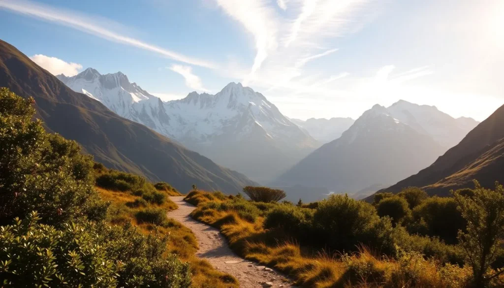 A tranquil landscape in Mount Cook National Park, New Zealand. In the foreground, a well-maintained hiking trail winds through lush, verdant foliage. Majestic snow-capped peaks of the Southern Alps rise in the middle ground, their jagged silhouettes casting long shadows under the warm, golden light of a clear afternoon sky. Wispy clouds drift lazily overhead, adding a sense of serenity to the scene. The path invites exploration, leading hikers on an easy, picturesque journey through this stunning natural wonder.
