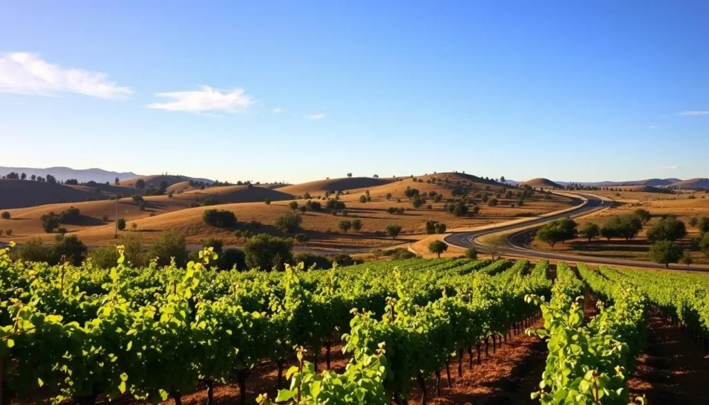 A tranquil landscape showcasing Temecula's Mediterranean-like climate. In the foreground, a lush vineyard with rows of verdant grapevines bathed in warm, golden sunlight. In the middle ground, rolling hills dotted with clusters of oak trees and a gently winding road leading towards the horizon. In the background, a clear blue sky with a few wispy clouds, creating a serene and picturesque atmosphere. The scene evokes a sense of relaxation and invites the viewer to imagine a weather-savvy visit to this enchanting region.
