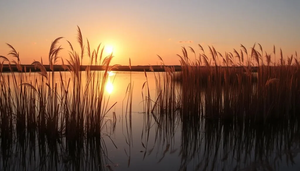 A tranquil marsh at golden hour, the sun's warm glow casting a soft, ethereal light across the still waters. Tall, wispy reeds sway gently in a light breeze, their reflections mirrored on the surface. In the distance, a few scattered clouds dot the horizon, tinged with hues of peach and amber. The scene exudes a sense of peaceful serenity, inviting the viewer to pause and take in the natural beauty. Capture this picturesque moment with a wide-angle lens, showcasing the expansive marsh landscape and the breathtaking sunset beyond.