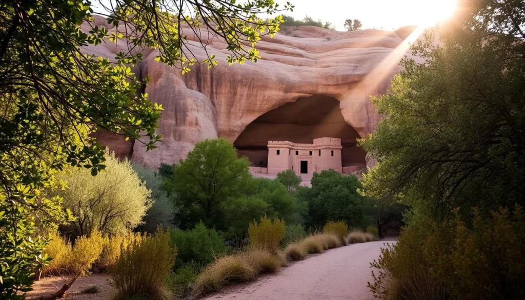 A tranquil morning at Montezuma Castle National Monument, Arizona. Sunlight filters through the towering cliffs, casting a warm glow on the ancient five-story limestone dwelling nestled into the cave alcove. Lush foliage frames the scene, with desert flora and fauna stirring to life. In the foreground, a path winds through the serene landscape, inviting visitors to explore this archaeological wonder. The composition captures the monument's timeless beauty and the peaceful ambiance of an early morning visit.